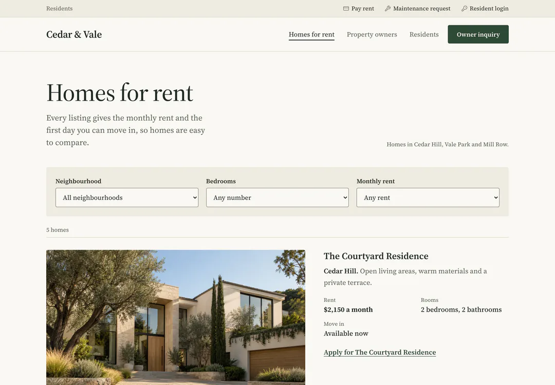 The Cedar & Vale homes page at desktop width. Filters for neighbourhood, bedrooms and monthly rent sit above the list, which starts with the Courtyard Residence.