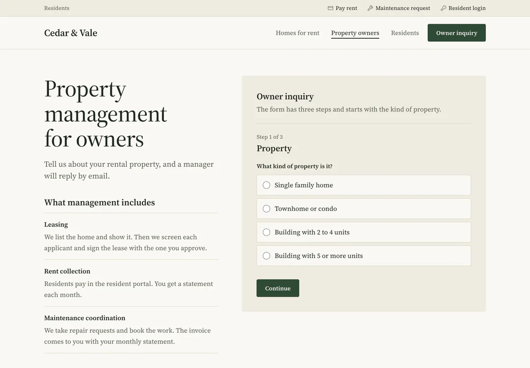 The Cedar & Vale owners page at desktop width. The management services are listed on the left, and step 1 of the owner inquiry is on the right.